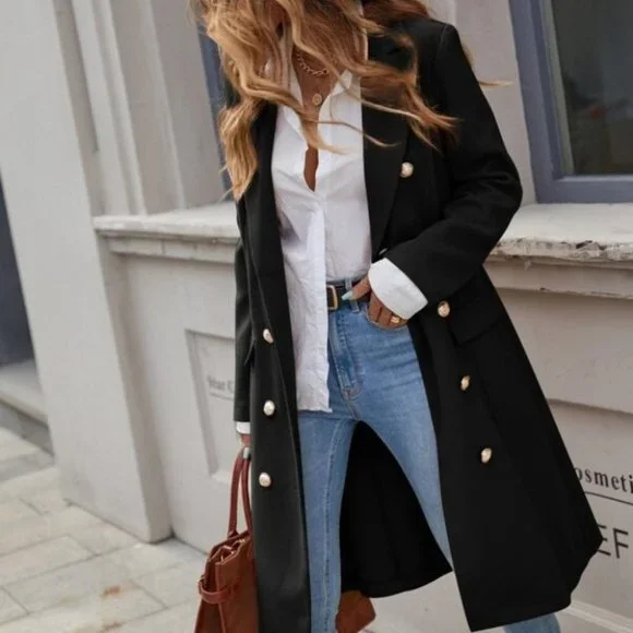 Classic Button up Long Jacket Coat Shabby chic bla - Picture 4 of 8